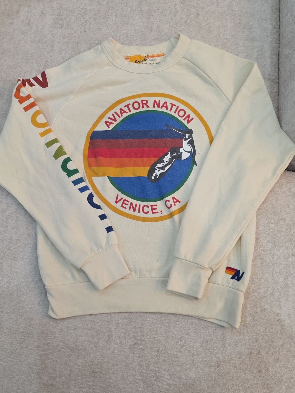 Aviator Nation Venice Surfer Crewneck Sweatshirt Color Block Cream XS Unisex
